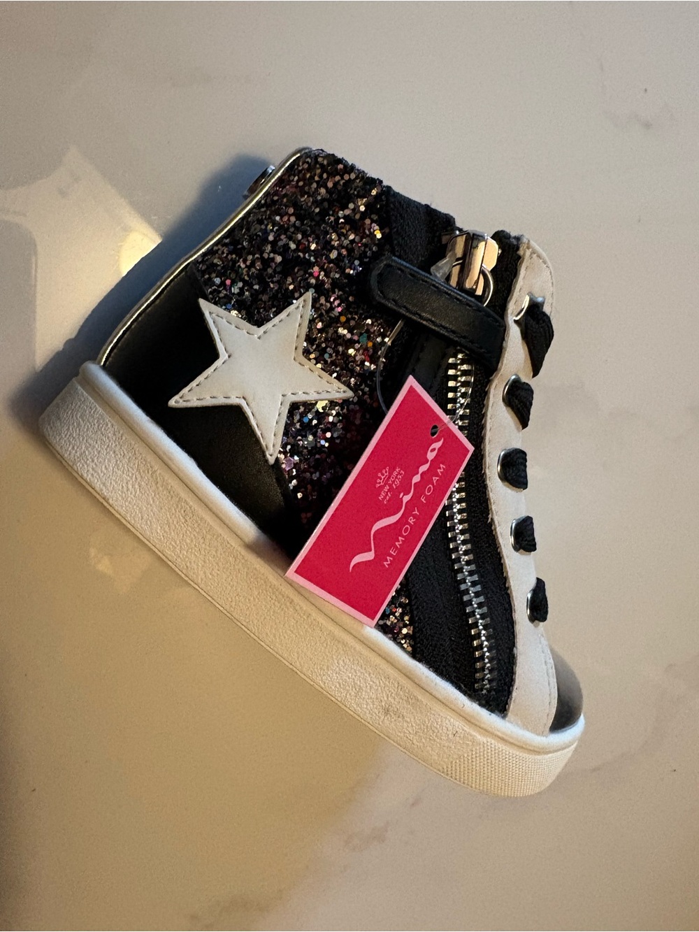 Nina Black Glitter High-Top Sneakers with White Star